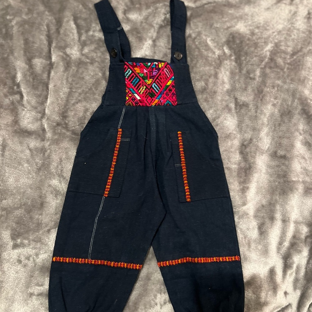 NEW Kids’ Unisex Guatemalan Embroidered Navy Cotton Overalls with Multicolor Bib